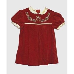 Vintage Alyssa Girls Dress Red Velvet Embroidered Short Sleeve